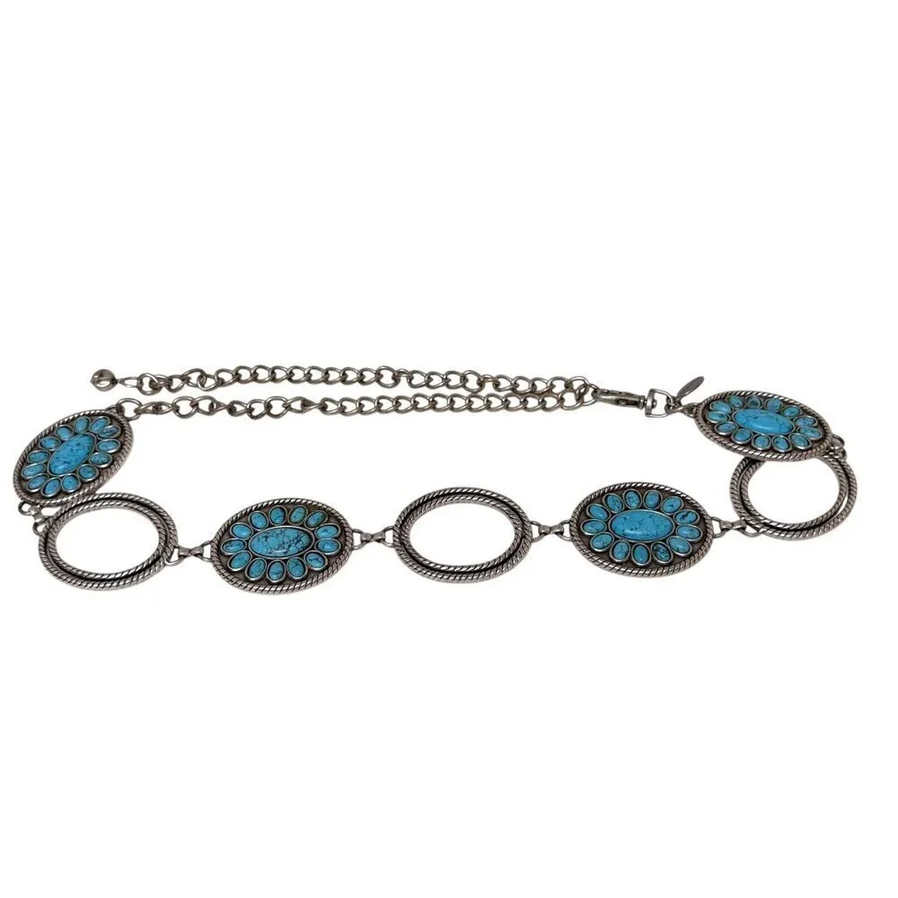 Chico's Link Belt Faux Turquoise Medallion Silvertone Chain Western Concho